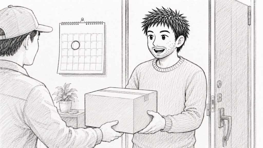 予定より早く届いた荷物を受け取るユーザーのイラスト