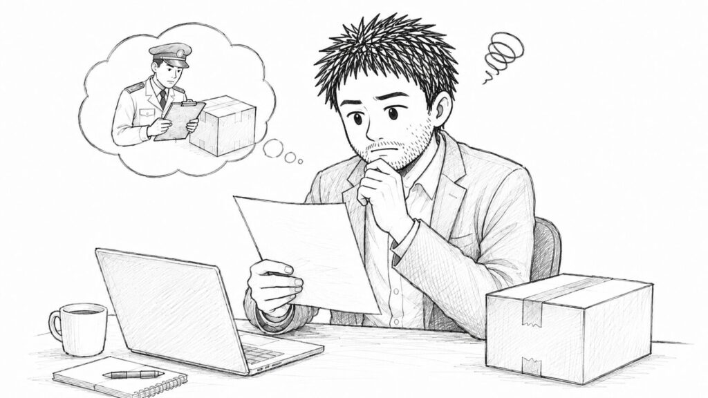 関税の請求書を前に払うべきか考えるユーザーのイラスト