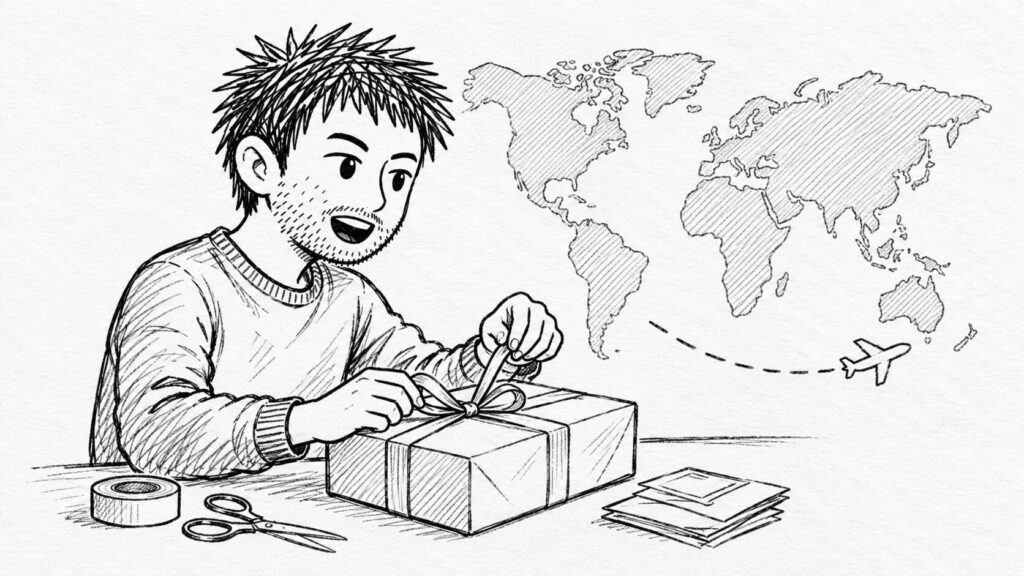 ギフトを梱包して海外へ送る準備をするユーザーのイラスト