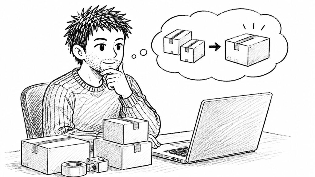 複数の荷物を1箱にまとめる同梱設定を考えるセラーのイラスト