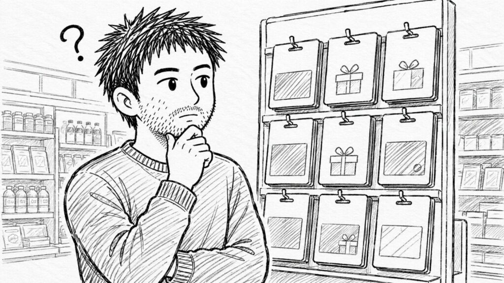 コンビニのギフトカード売り場でeBayカードを探すユーザーのイラスト