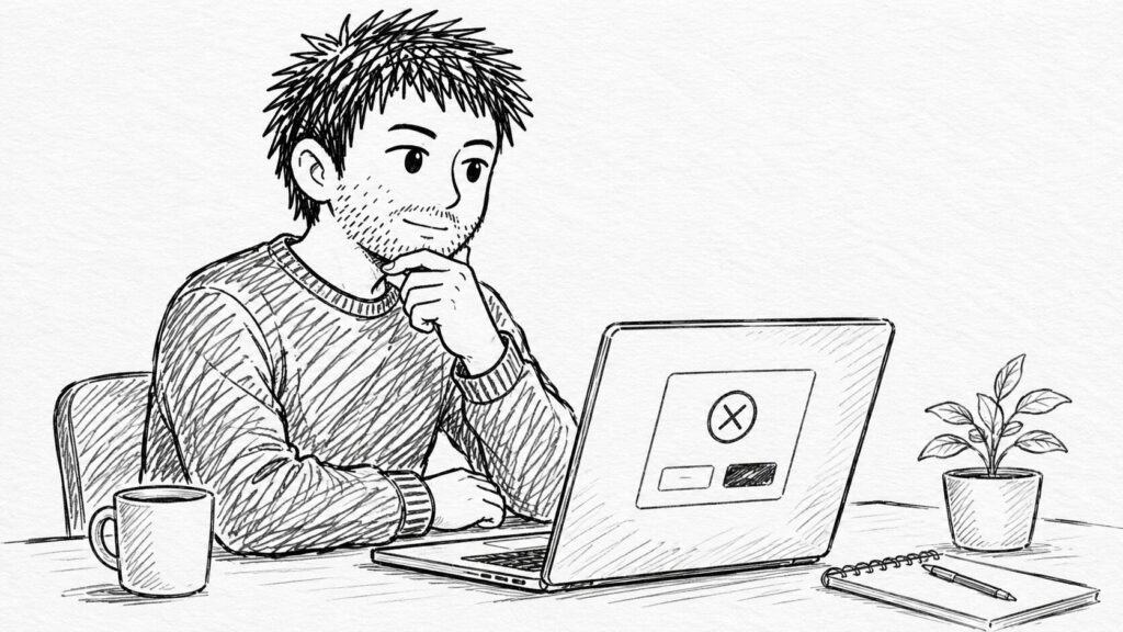 キャンセルリクエストの画面を前に対応を考えるセラーのイラスト