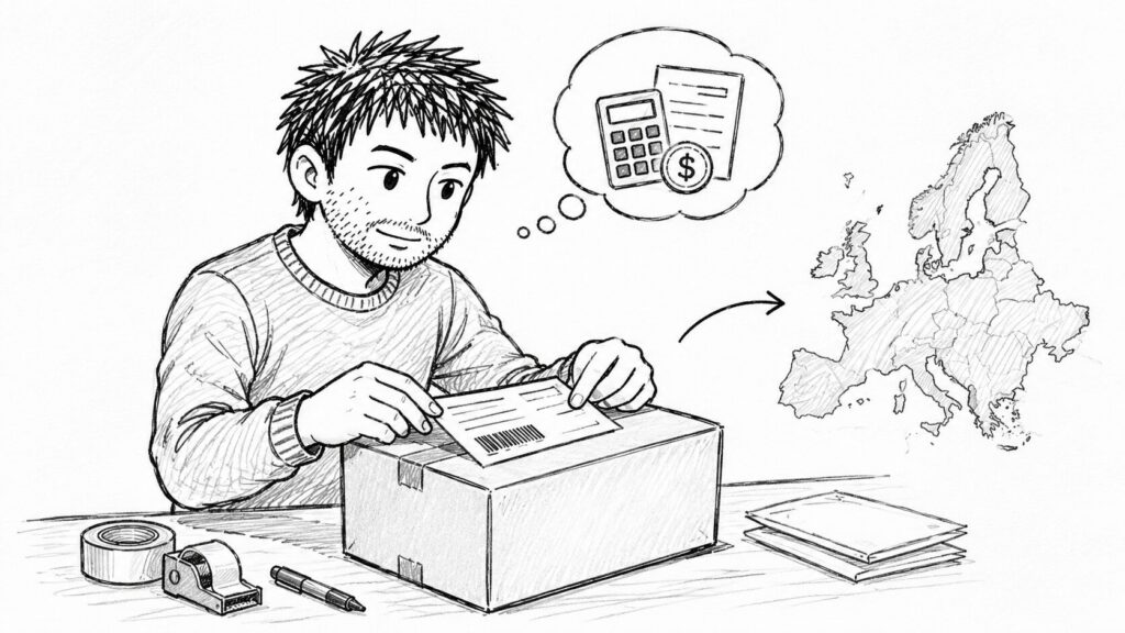 ヨーロッパ地図と電卓で関税を考えながら梱包するセラーのイラスト