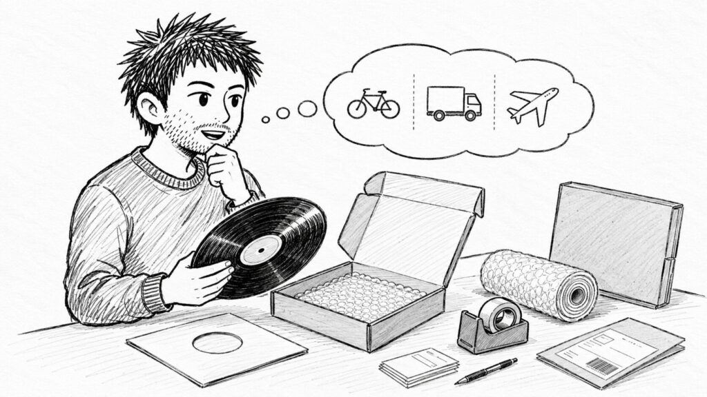 レコードを手に発送方法と送料を考えるセラーのイラスト