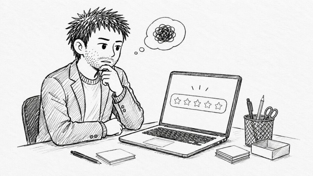 撒き餌の是非を考えながら評価画面を見つめるセラーのイラスト