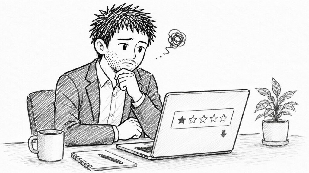 星1の評価を受けて落ち込むセラーのイラスト