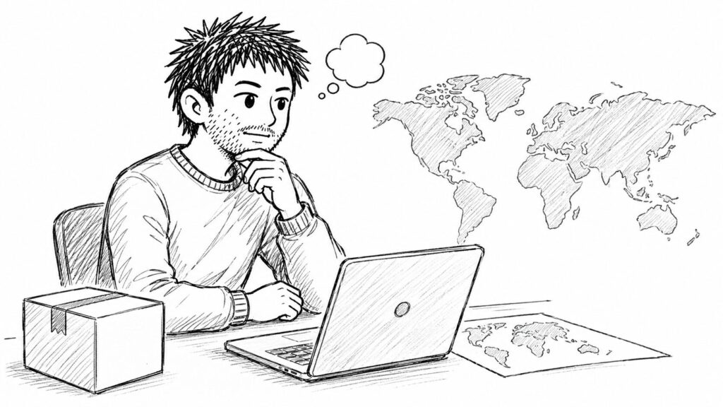 世界地図と荷物で中国製商品の原産国設定を考えるセラーのイラスト