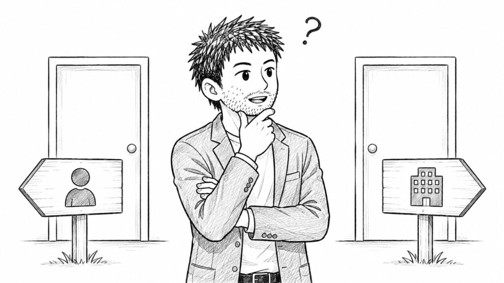 個人とビジネスの2つの扉の前で選択を考えるセラーのイラスト