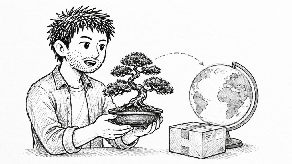 盆栽と地球儀で海外販売を考えるセラーのイラスト