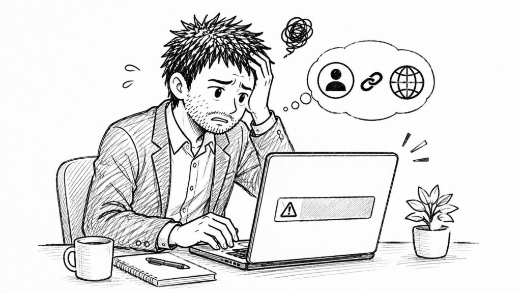 連携エラーの警告表示に頭を抱えるセラーのイラスト