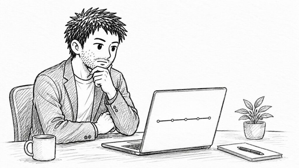 売れない出品画面を前に原因を考えるセラーのイラスト