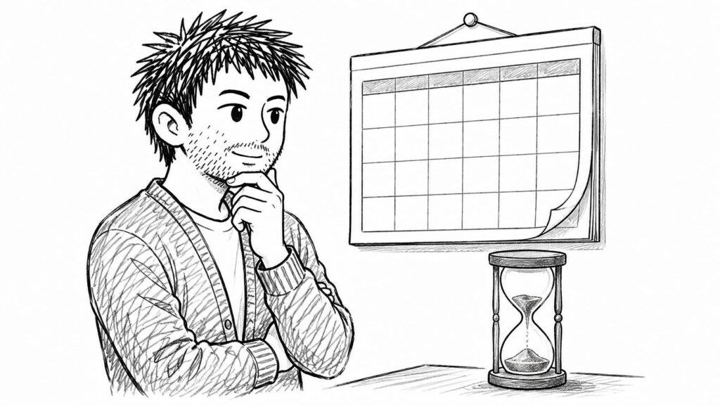 カレンダーと砂時計でケースオープンの期限を確認するユーザーのイラスト