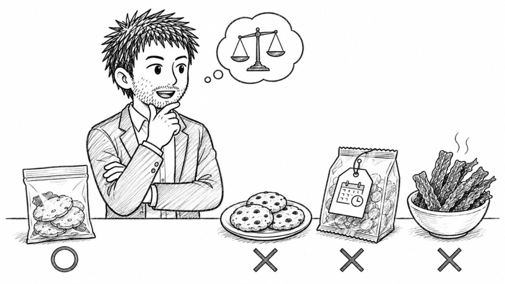 販売可能なお菓子と禁止される食品を丸バツで見分けるイラスト