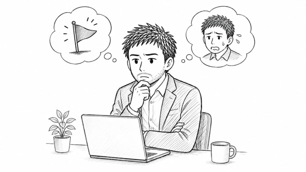 通報の不安を抱えながらパソコンに向かうセラーのイラスト