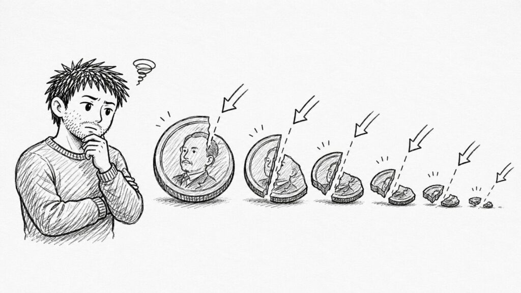 コインが削られて減っていく手数料の重なりを表すイラスト