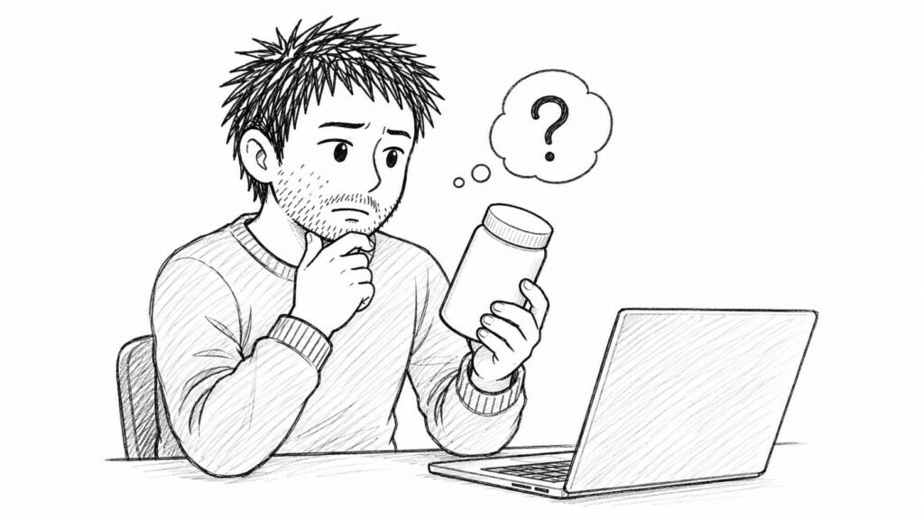 原産国不明の商品を手に悩むセラーのイラスト