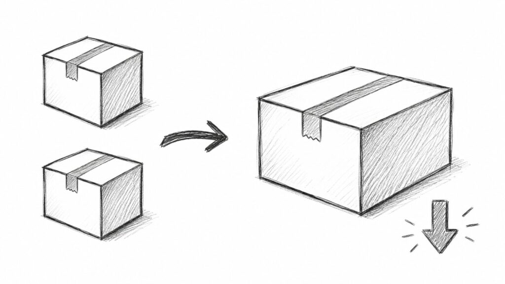 2つの箱が1つにまとまり送料が下がる同梱の仕組みのイラスト