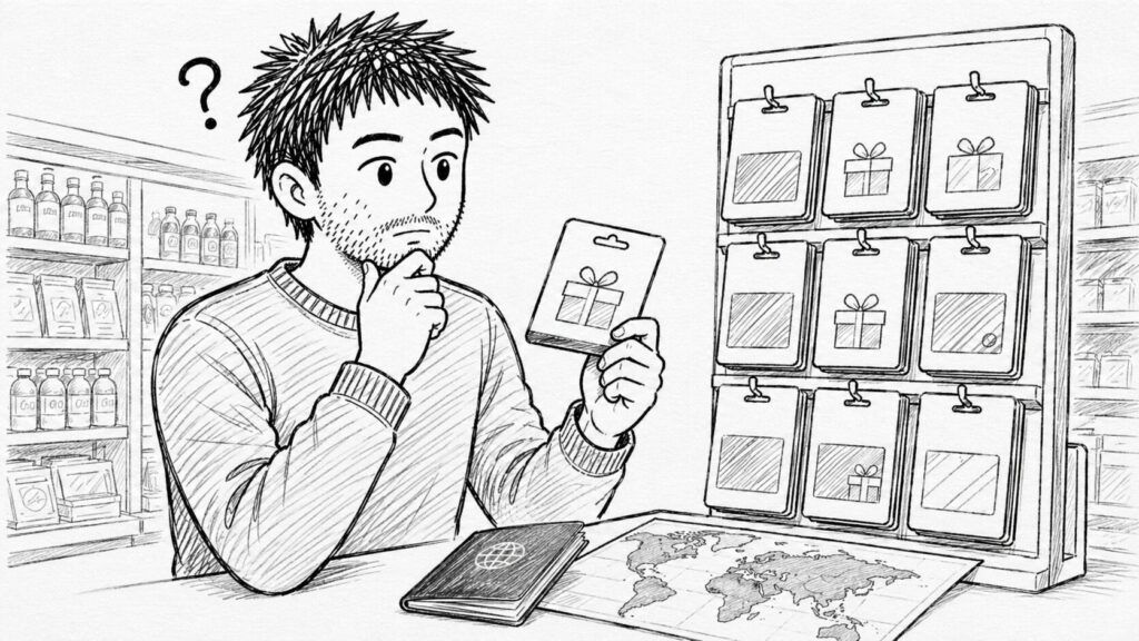 ギフトカードと世界地図で米国アカウント必須の条件を表すイラスト
