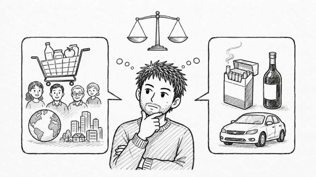 天秤と課税対象品で関税とVATの違いを整理するイラスト