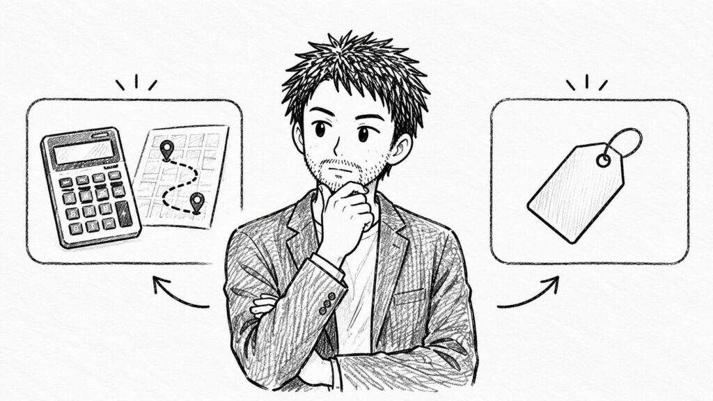 電卓の実運賃と設定額の価格タグを見比べるイラスト