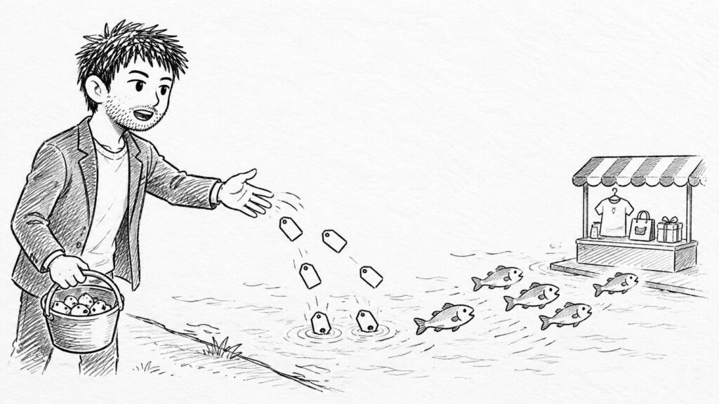 魚に餌を撒いて客寄せする様子で撒き餌の正体を表すイラスト