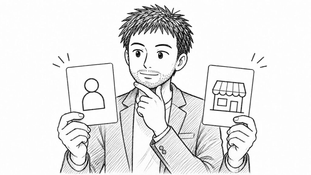 個人カードとストアカードを見比べて定義の違いを確認するイラスト