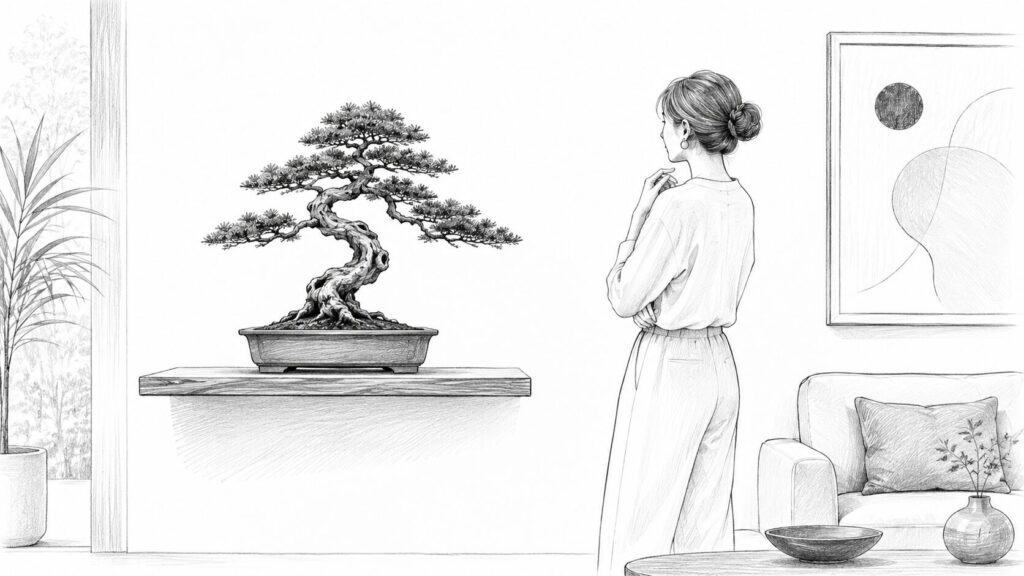 室内に飾られた盆栽で世界的な人気の背景を表すイラスト