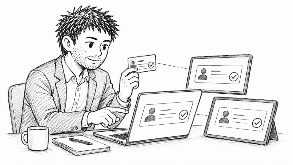 2つの画面の氏名を見比べて名義の食い違いを確認するイラスト
