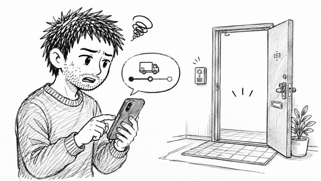 届かない荷物の追跡と玄関で未着ケースの期限を表すイラスト