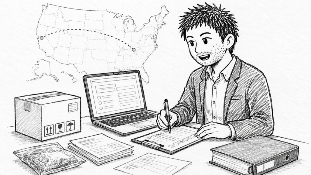 米国地図と書類でFDA Prior Noticeの手続きを表すイラスト