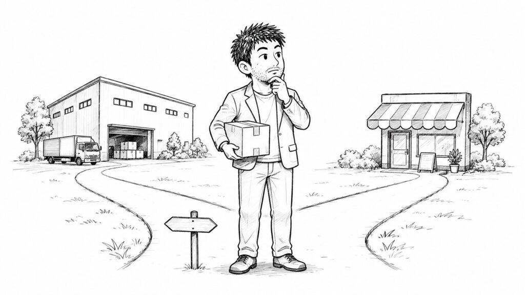 卸倉庫と小売店の分かれ道で許される無在庫の境界線を表すイラスト