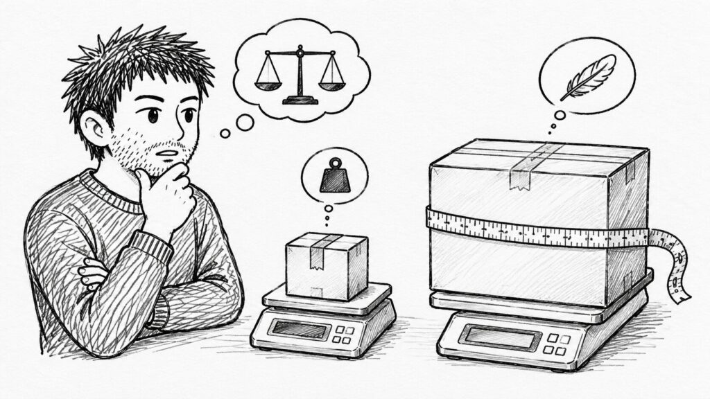 はかりとメジャーで送料の見積りミスを表すイラスト
