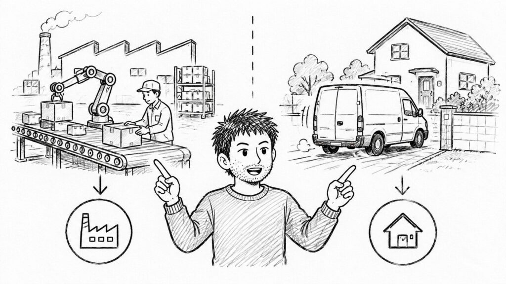 工場(製造国)と自宅(発送元)で原産国との違いを表すイラスト