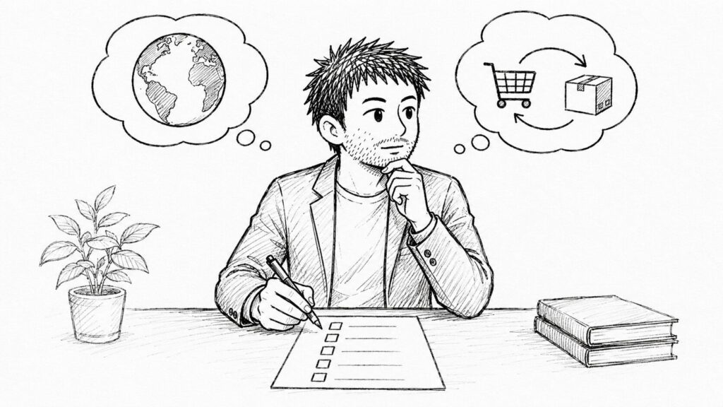 販売特化型か仕入れ転用型かをチェックシートで自己診断するイラスト