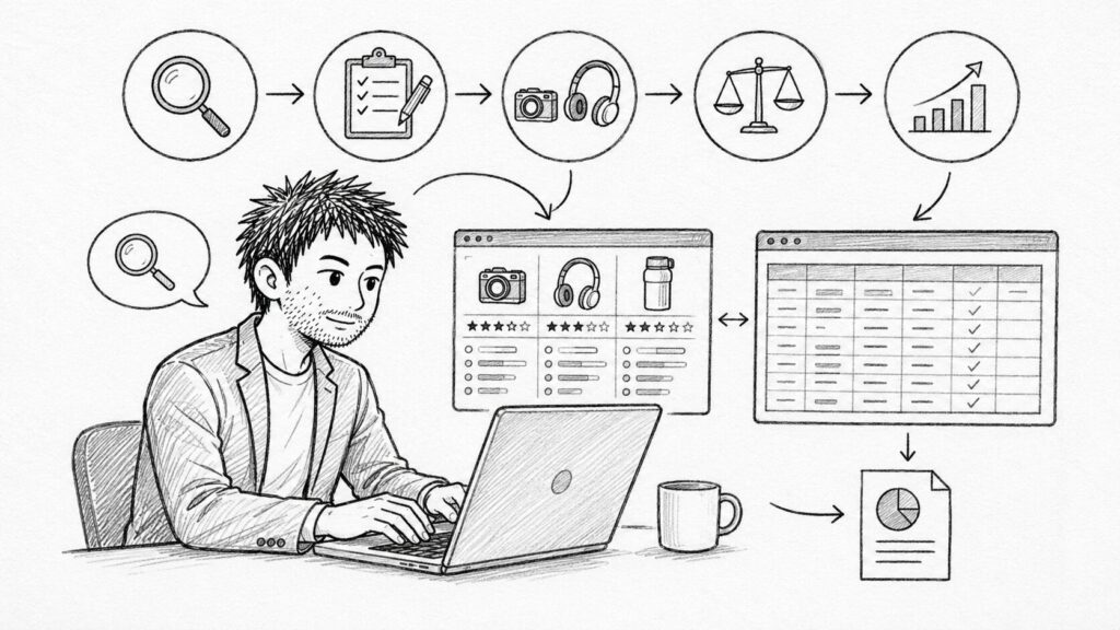 検索からリスト作成まで1日の作業の流れを表すイラスト