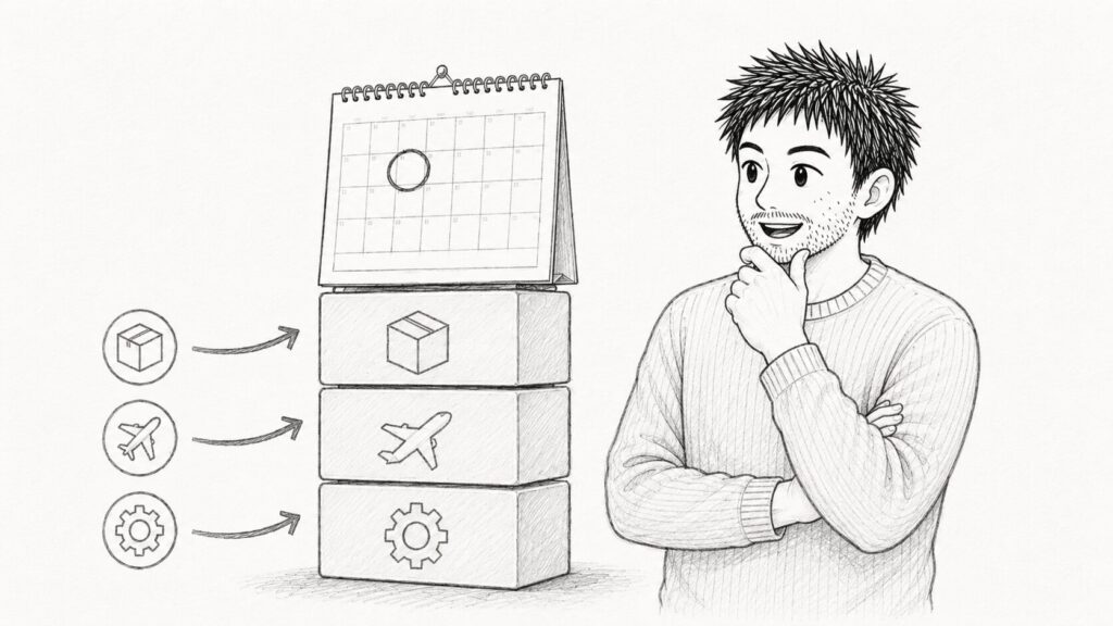 処理時間・輸送・通関の要素で到着予定日が決まる仕組みのイラスト