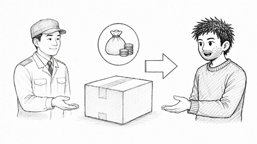 配達員から受取人への荷物と関税負担の基本ルールを表すイラスト