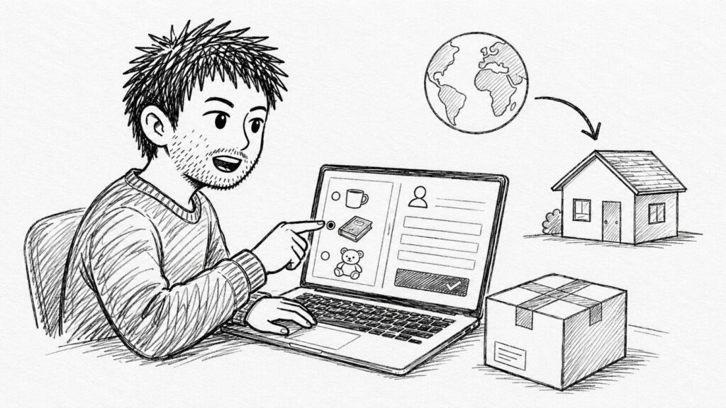 購入画面から受取人の家へ直送する仕組みを表すイラスト