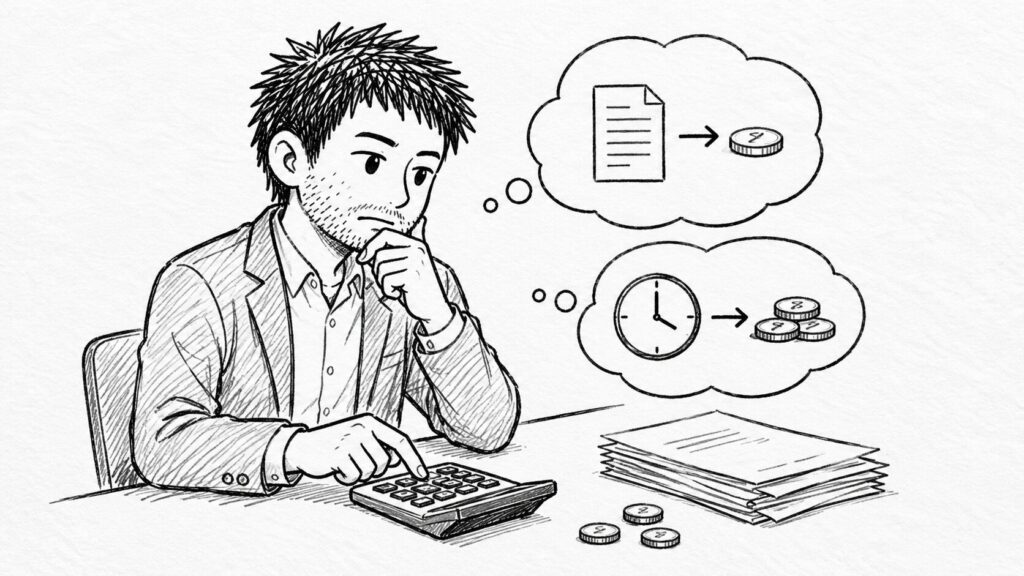 電卓と書類の山で単価と時給を計算するイラスト