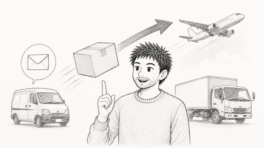 配送方法のアップグレードで早く届くケースを表すイラスト