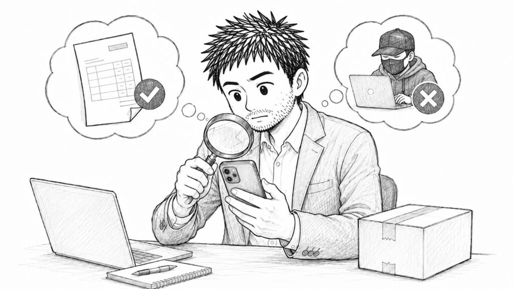 正規の請求書と詐欺を虫眼鏡で見分けるユーザーのイラスト
