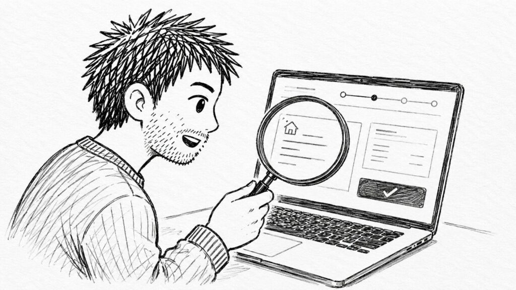 虫眼鏡で住所変更の可否を画面で確認するイラスト