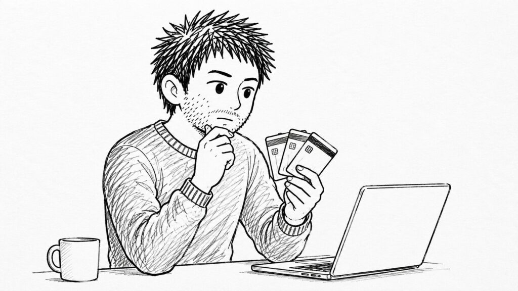 複数のカードブランドを見比べて対応可否を確認するイラスト