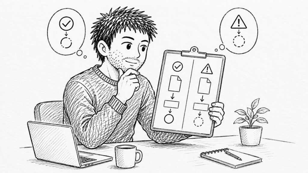 チェックとフローでDefectがつく条件と例外を確認するイラスト