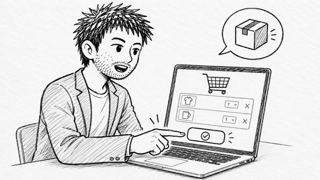 カート画面で同梱依頼を操作するバイヤー側の流れのイラスト