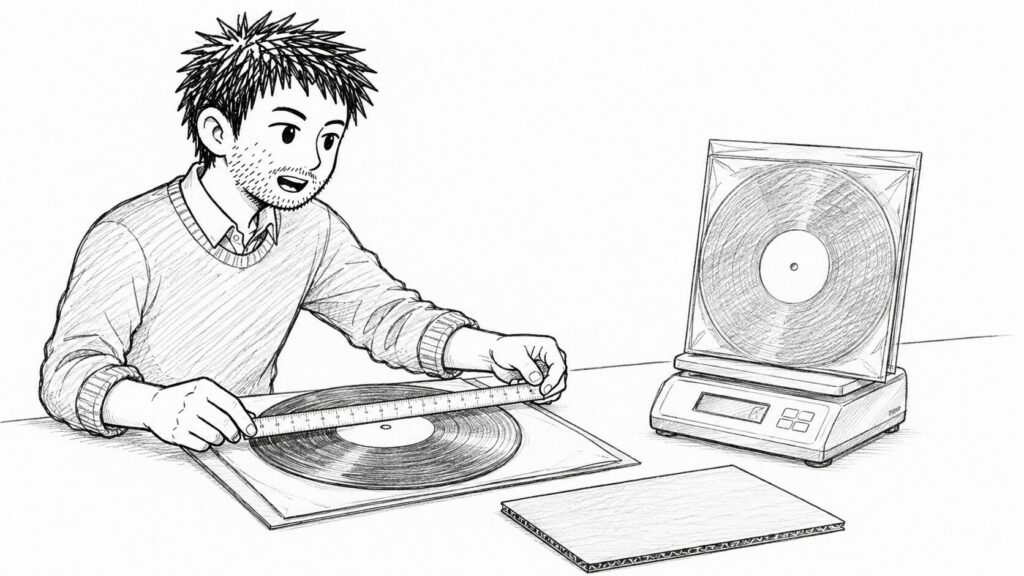レコードをはかりに載せて梱包後の重さを量るイラスト