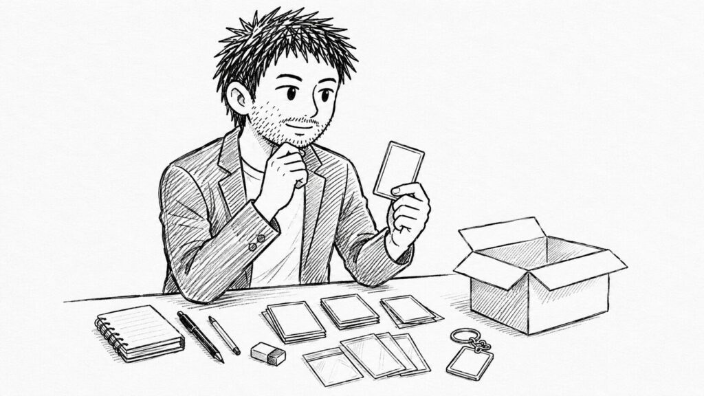 トレカや軽量小物など客寄せに向く商品を選ぶイラスト