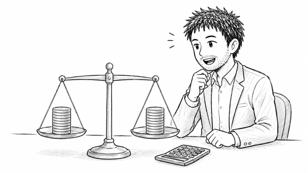 天秤と電卓でアカウント種別の手数料を比較するイラスト
