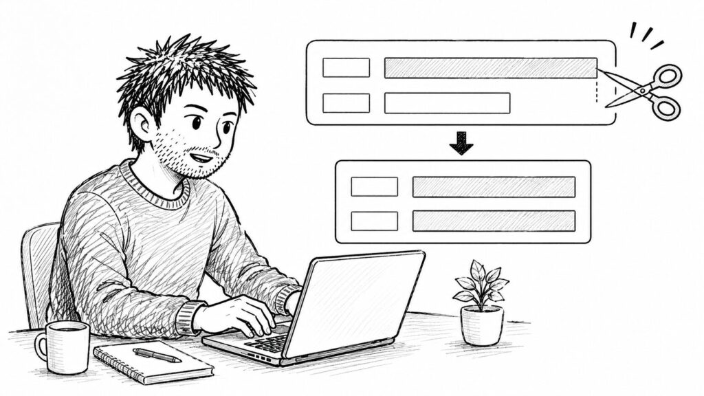 長すぎる住所をはさみで整えて入力し直すイラスト