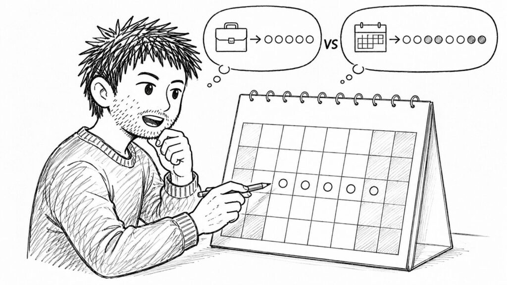 カレンダーに印を付けて営業日とカレンダー日の数え方を確認するイラスト
